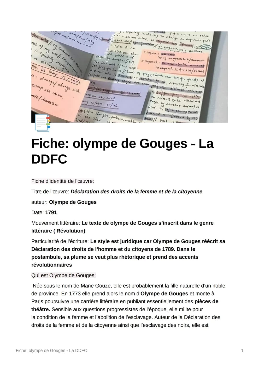 Olympe de Gouges : Biographie Courte et Œuvres Principales