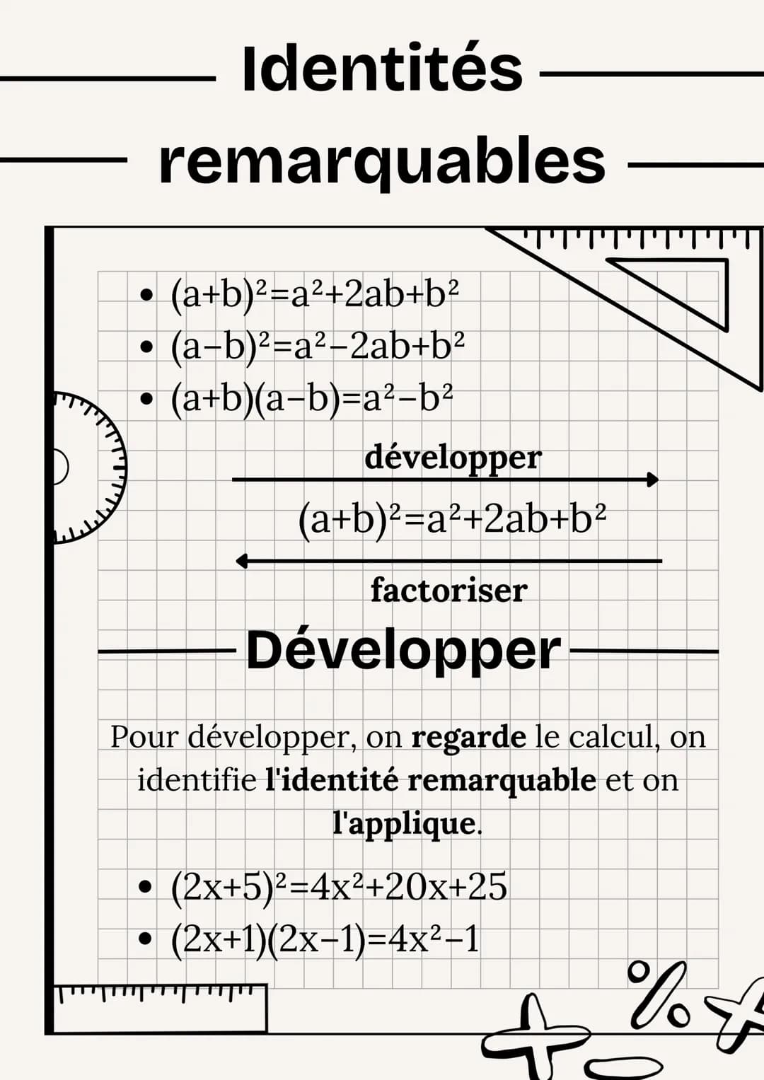 Identités
remarquables
(a+b)²=a²+2ab+b²
(a+b)²=a²-2ab+b²
(a+b)(a-b)=a²-b²
développer
(a+b)²=a²+2ab+b²
factoriser
Développer
Pour développer,