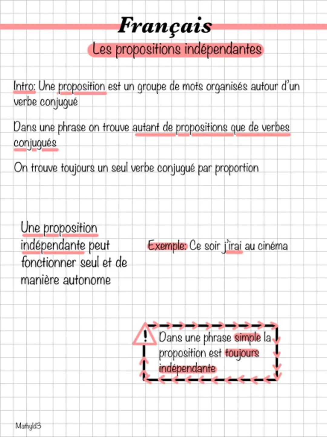 Français
Les propositions indépendantes
Intro: Une proposition est un groupe de mots organisés autour d'un
verbe conjugué
Dans une phrase on
