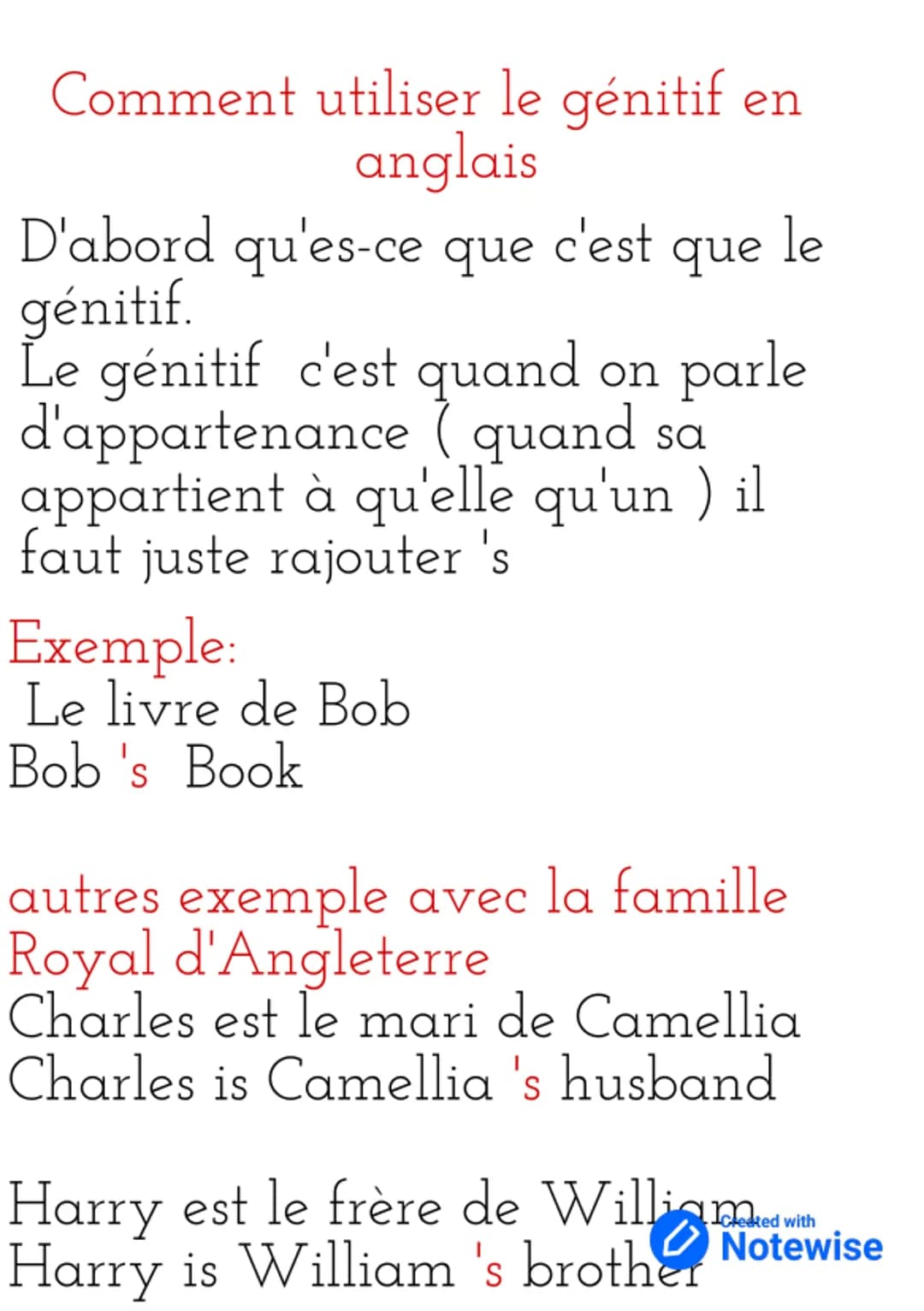 Comment utiliser le génitif en
anglais
D'abord qu'es-ce que
génitif.
c'est
Le génitif c'est quand on parle
d'appartenance (quand sa
appartie