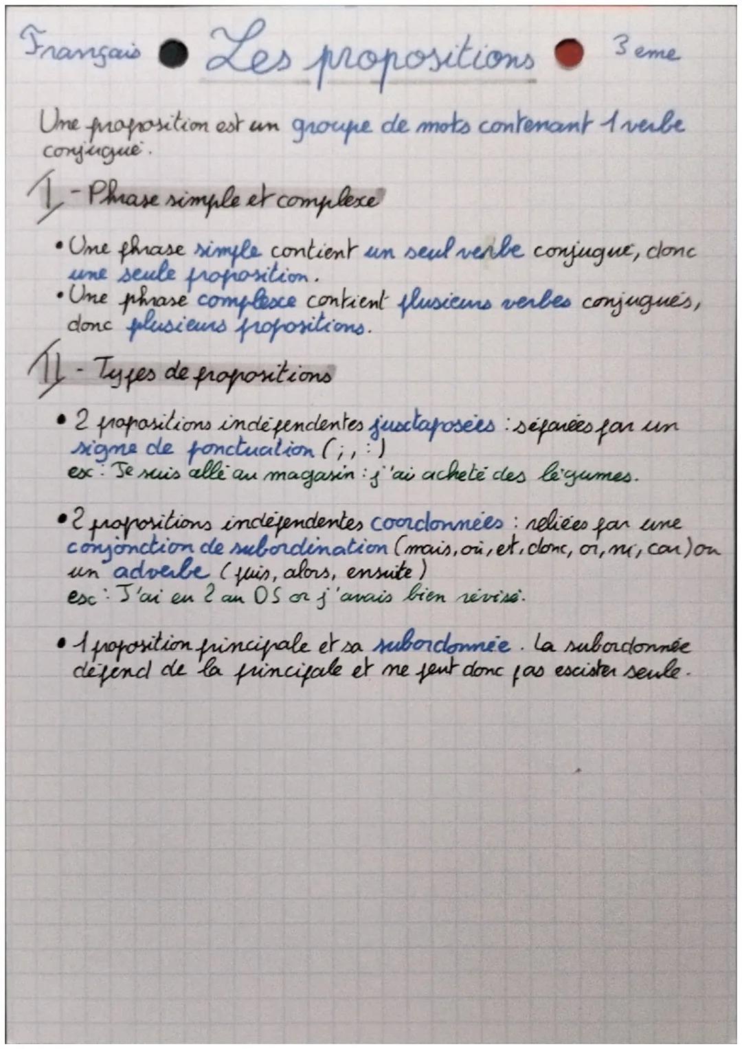 Français Les propositions
3 eme
Une proposition est un groupe de mots contenant 1 verbe
conjugue.

1-Phrase simple et complexe

• One phrase