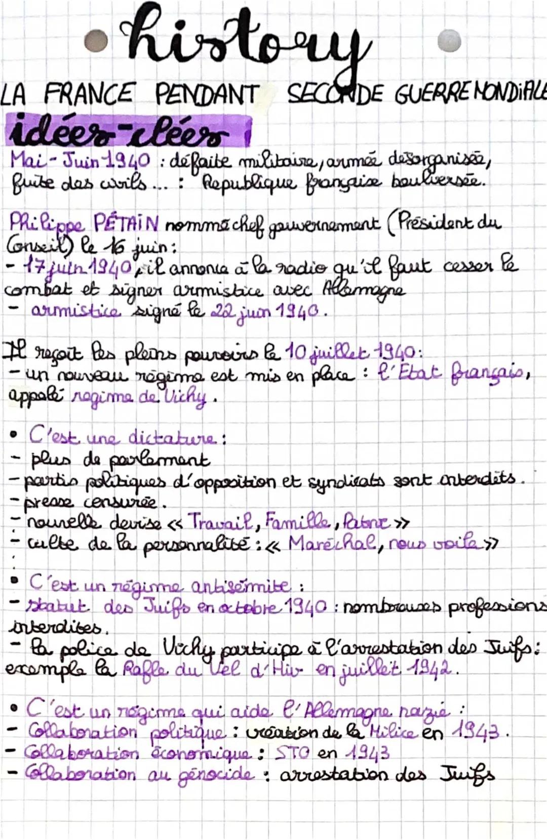 Fiche de révision Seconde Guerre mondiale 3eme PDF - Régime de Vichy résumé