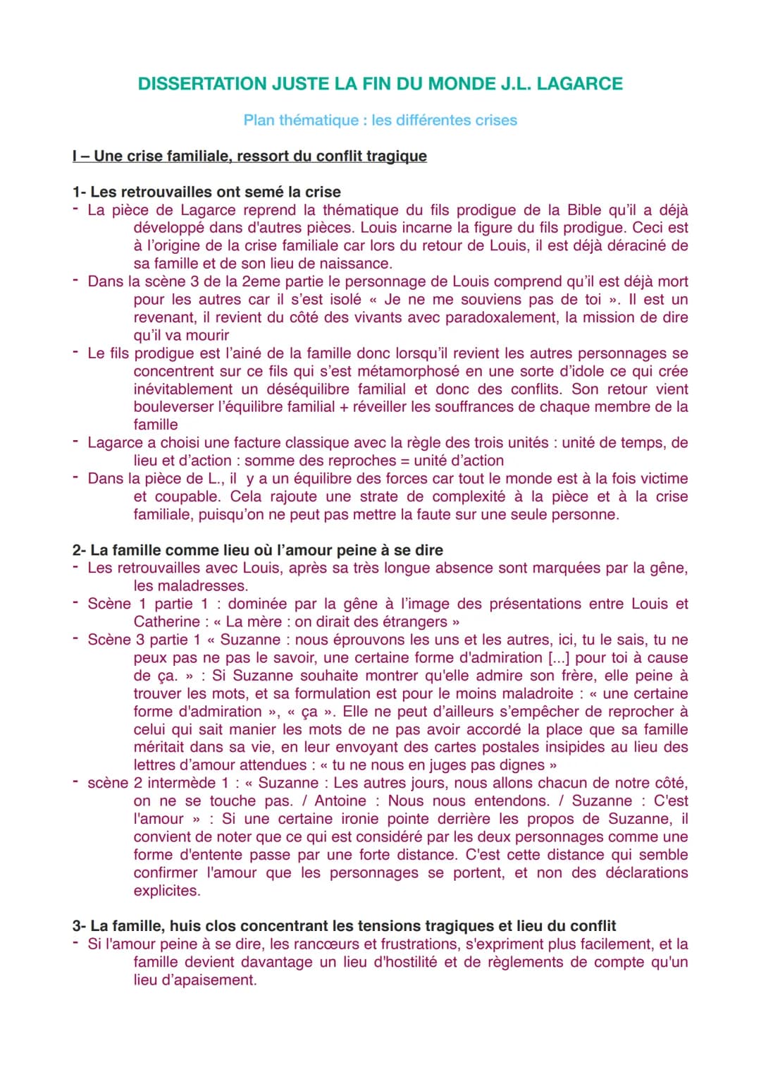 DISSERTATION JUSTE LA FIN DU MONDE J.L. LAGARCE
Plan thématique : les différentes crises
1 - Une crise familiale, ressort du conflit tragiqu