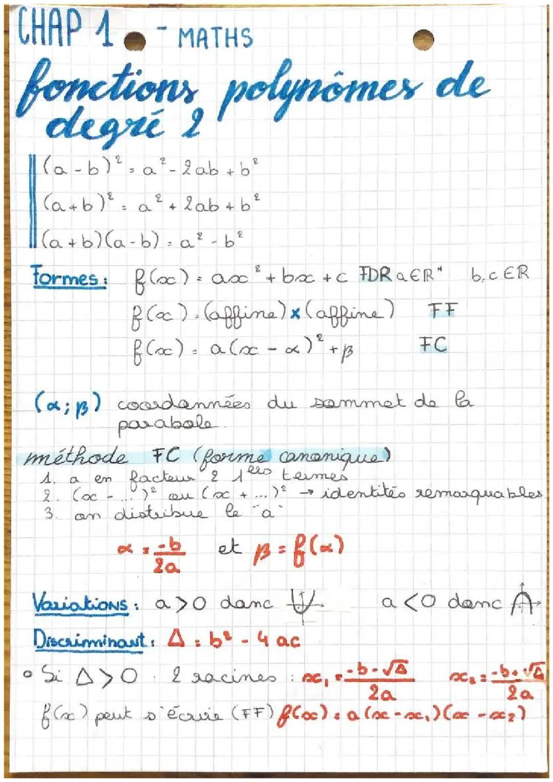Maths : fonctions polynômes de degré 2