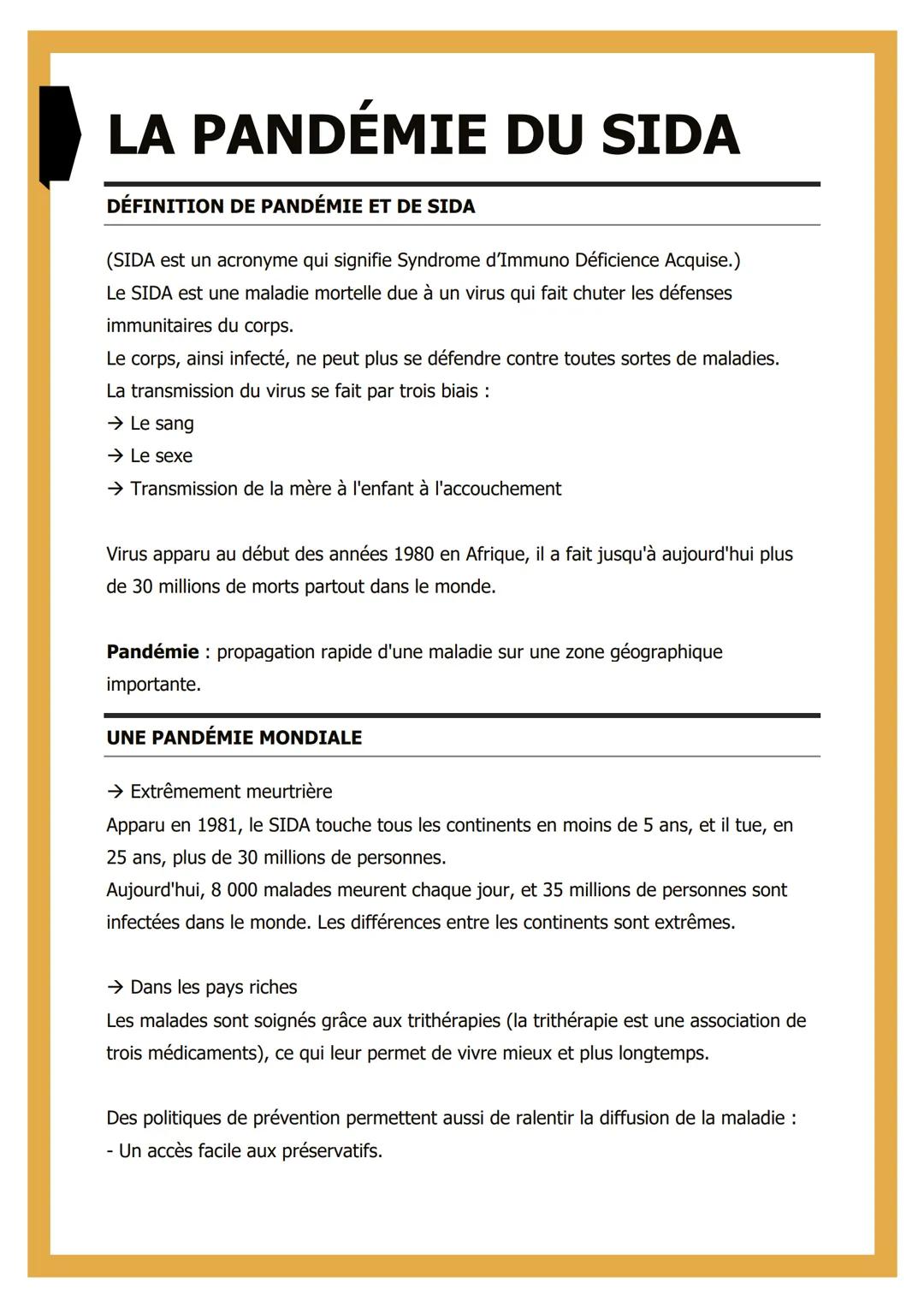 LA PANDÉMIE DU SIDA
DÉFINITION DE PANDÉMIE ET DE SIDA
(SIDA est un acronyme qui signifie Syndrome d'Immuno Déficience Acquise.)
Le SIDA est 