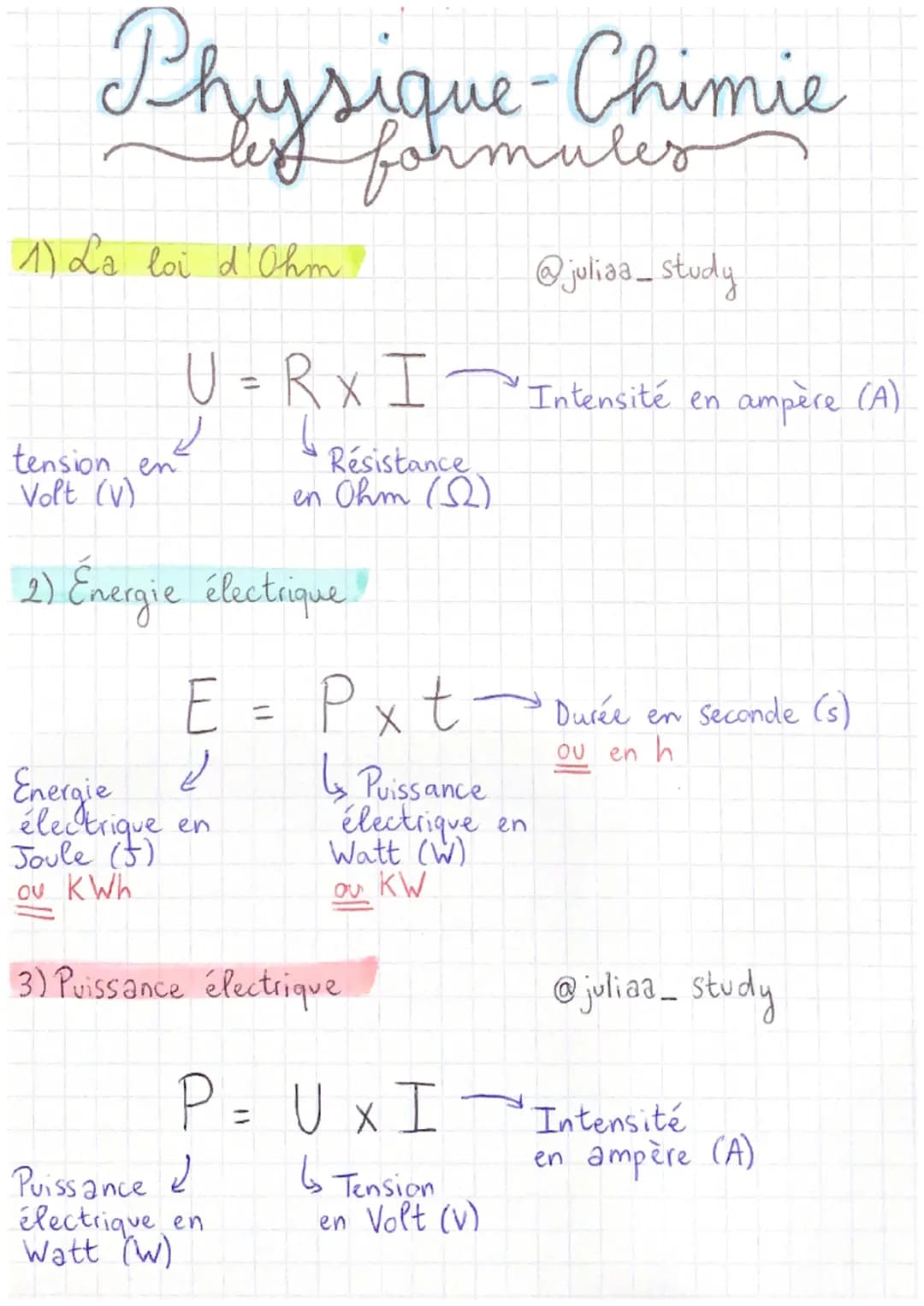 Physique-Chimie
(1) La loi d'Ohm
tension en
Volt (V)
U = R XI
4
2) Energie électrique!
E
Résistance
en Ohm (52)
2
Energie
électrique en
Joul