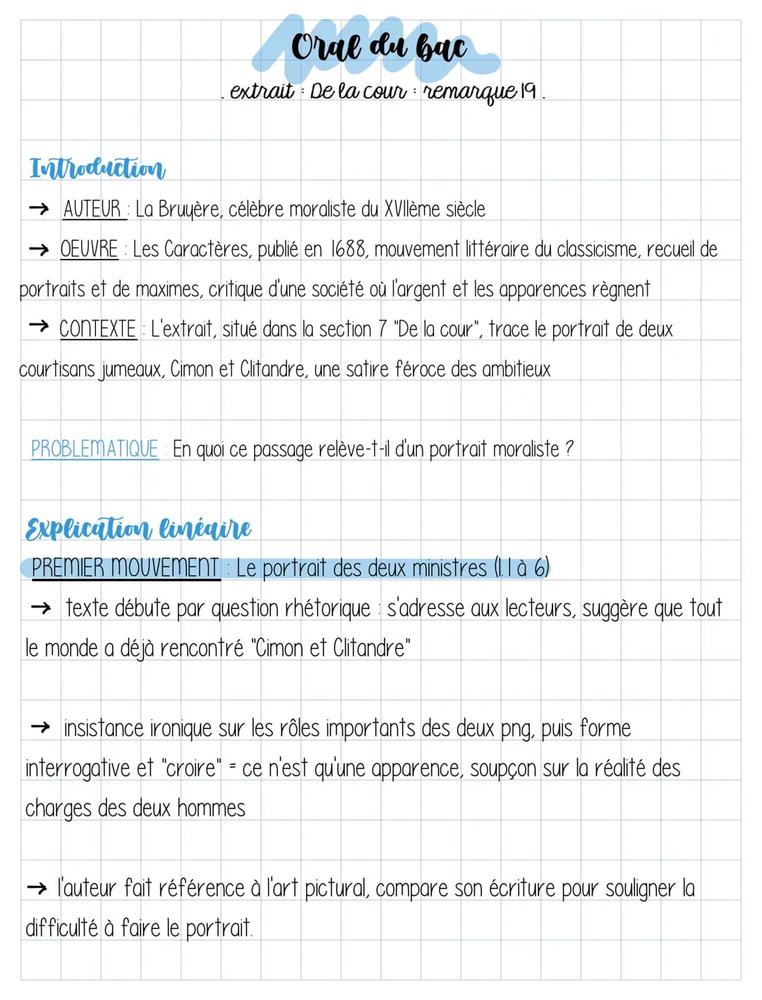 Oral du bac
extrait: De la cour remarque 19
:
Introduction
→ AUTEUR: La Bruyère, célèbre moraliste du XVIIème siècle
→OEUVRE : Les Caractère