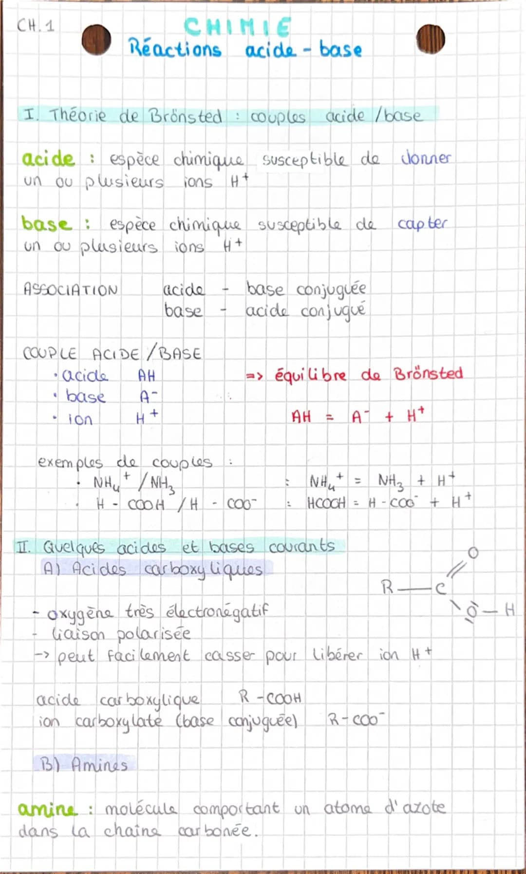 CH.1
CHIMIE
Réactions acide-base
I Théorie de Brönsted: couples acide/base
acide: espèce chimique susceptible de donner
un ou plusieurs ions