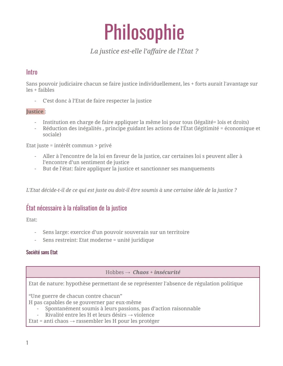 Philosophie
La justice est-elle l'affaire de l'Etat ?
Intro
Sans pouvoir judiciaire chacun se faire justice individuellement, les + forts au