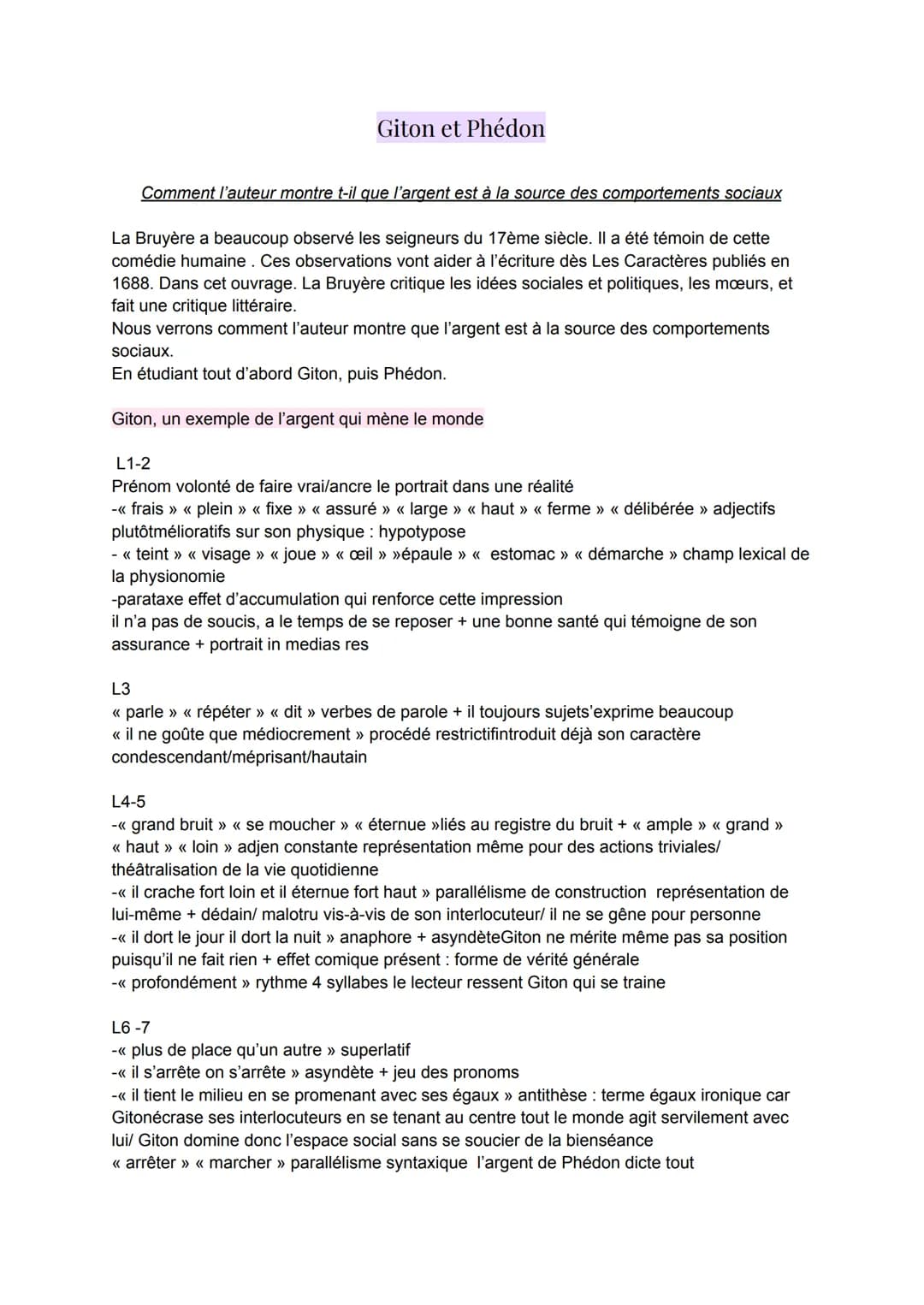 Giton et Phédon
Comment l'auteur montre t-il que l'argent est à la source des comportements sociaux
La Bruyère a beaucoup observé les seigne