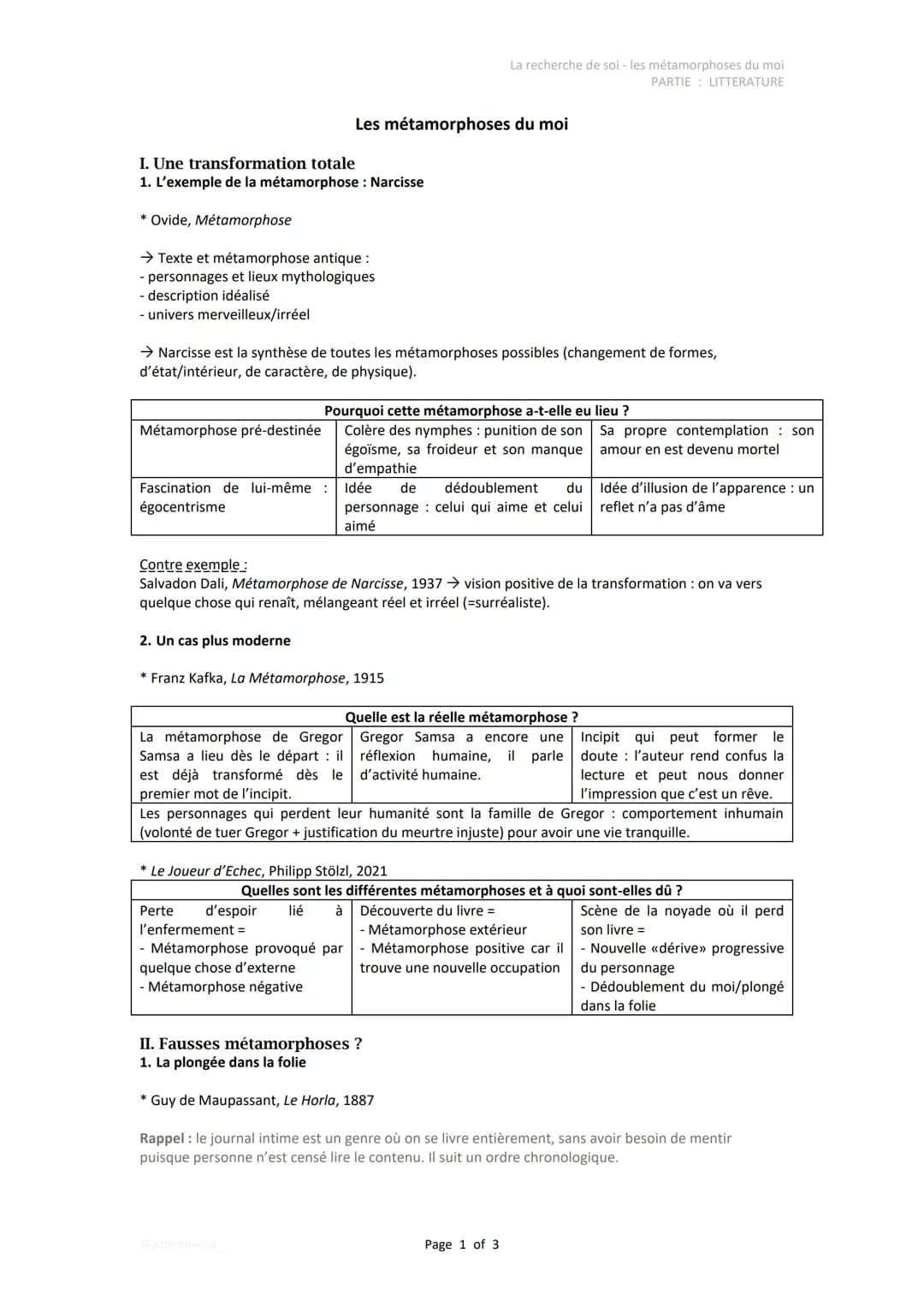 I. Une transformation totale
1. L'exemple de la métamorphose : Narcisse
* Ovide, Métamorphose
→ Texte et métamorphose antique :
- personnage