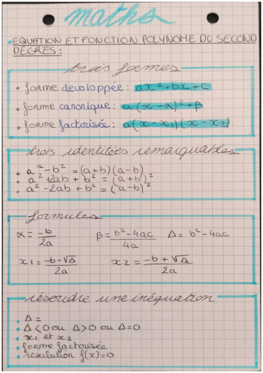 maths
EQUATION ET FONCTION POLYNOME DO SECOND
DEGRES:
tras fames
• forme devoloppée: ax²+bx+C
• forme canonique: a (x -α)²+B
• forme factori