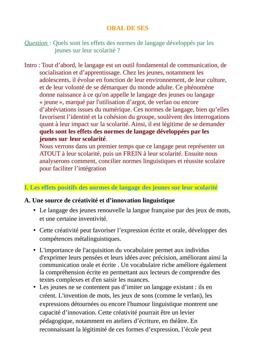 ORAL DE SES

Question: Quels sont les effets des normes de langage développés par les
jeunes sur leur scolarité ?

Intro: Tout d'abord, le l