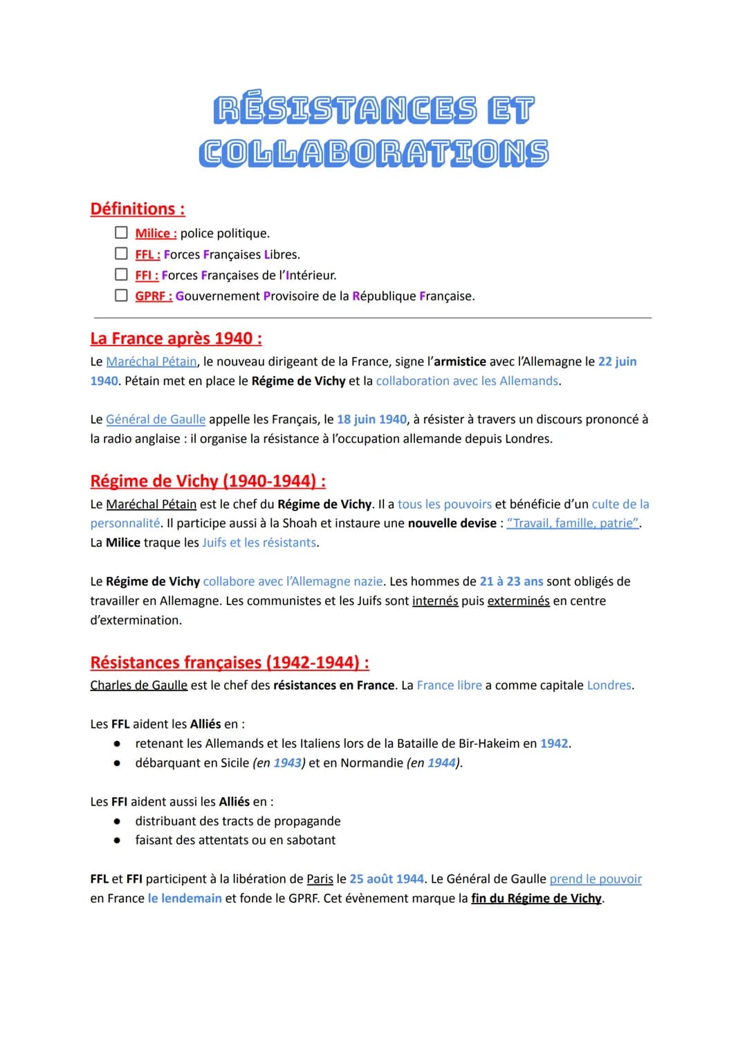 Définitions :
Milice: police politique.
FFL: Forces Françaises Libres.
☐FFI: Forces Françaises de l'Intérieur.
GPRF Gouvernement Provisoire 