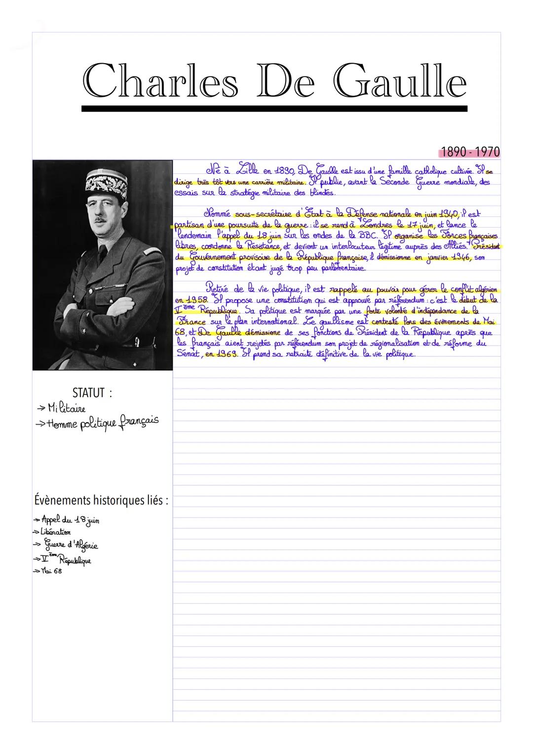 Charles De Gaulle
STATUT:
→ Militaire
→→Homme politique français
Évènements historiques liés :
- Appel du 18 juin
>Libération
→>>>
• Guerre 