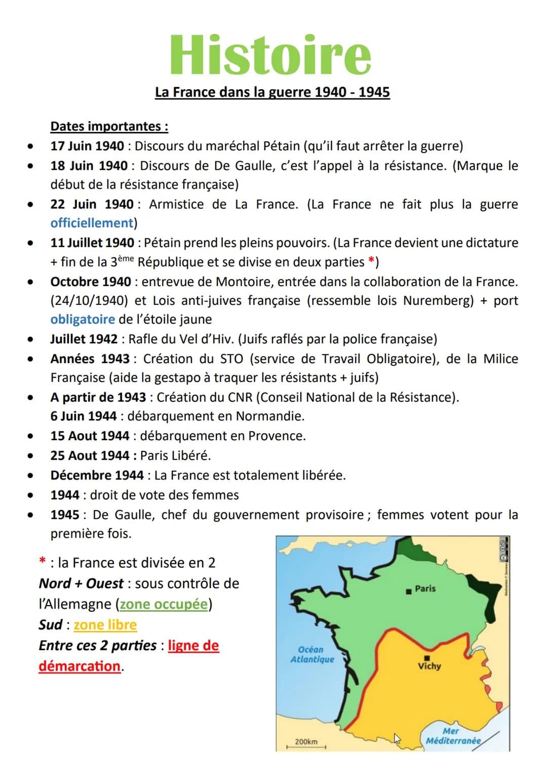 ●
●
●
●
●
Histoire
La France dans la guerre 1940 - 1945
Dates importantes :
17 Juin 1940: Discours du maréchal Pétain (qu'il faut arrêter la