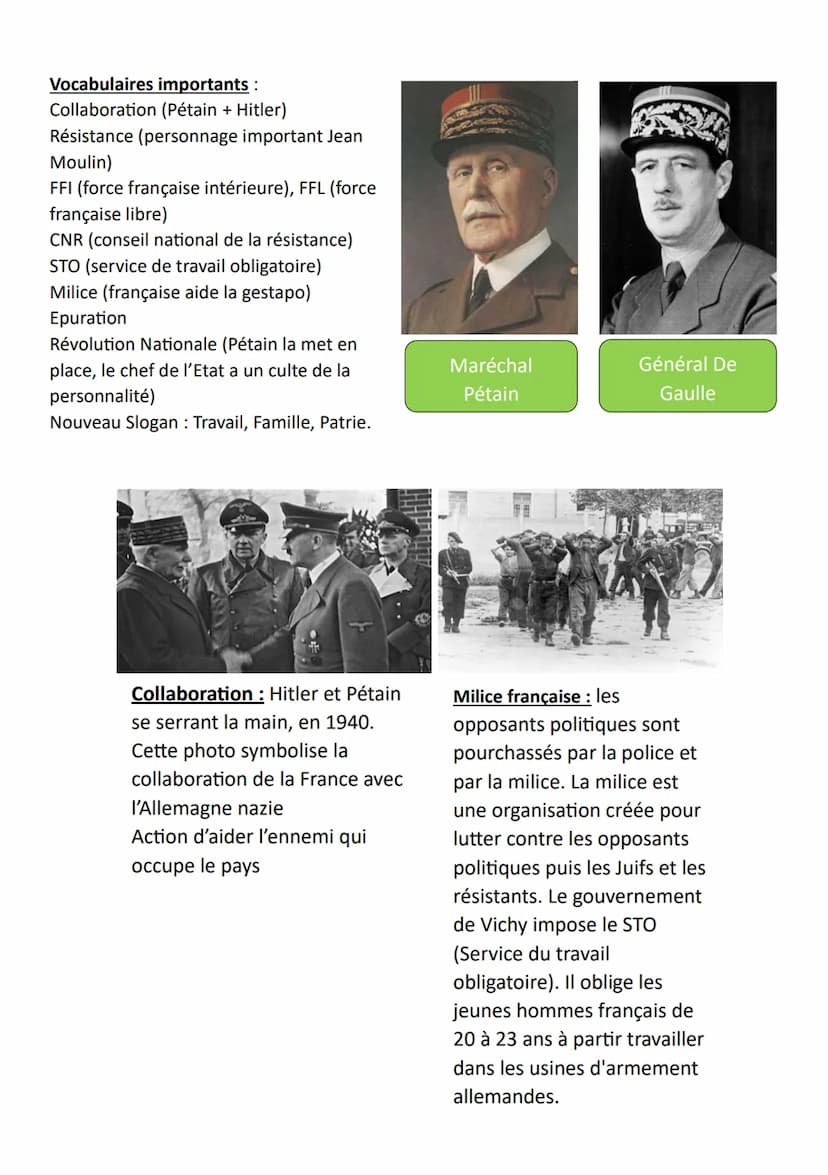●
●
●
●
●
Histoire
La France dans la guerre 1940 - 1945
Dates importantes :
17 Juin 1940: Discours du maréchal Pétain (qu'il faut arrêter la