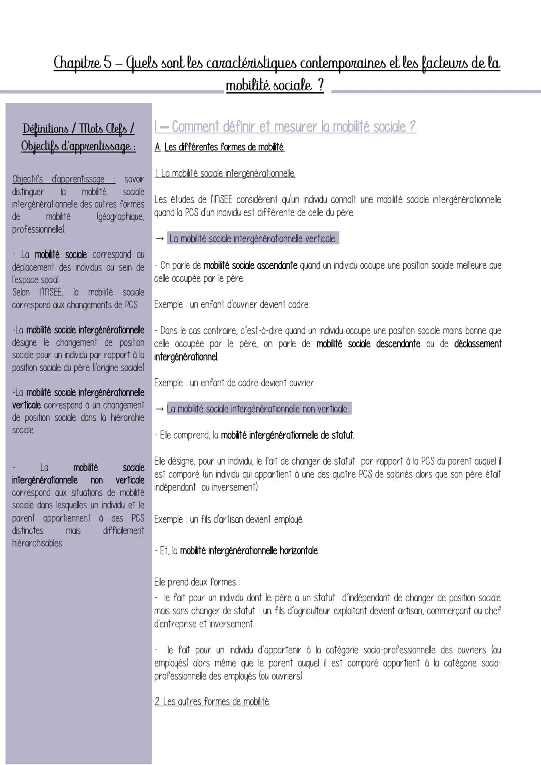 Chapitre 5 - Quels sont les caractéristiques contemporaines et les facteurs de la
mobilité sociale ?
Définitions / Mots Clefs/ - Comment déf