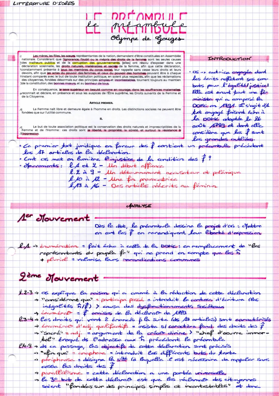Préambule et Postambule Olympe de Gouges: Analyse Linéaire et Fiche de Lecture PDF