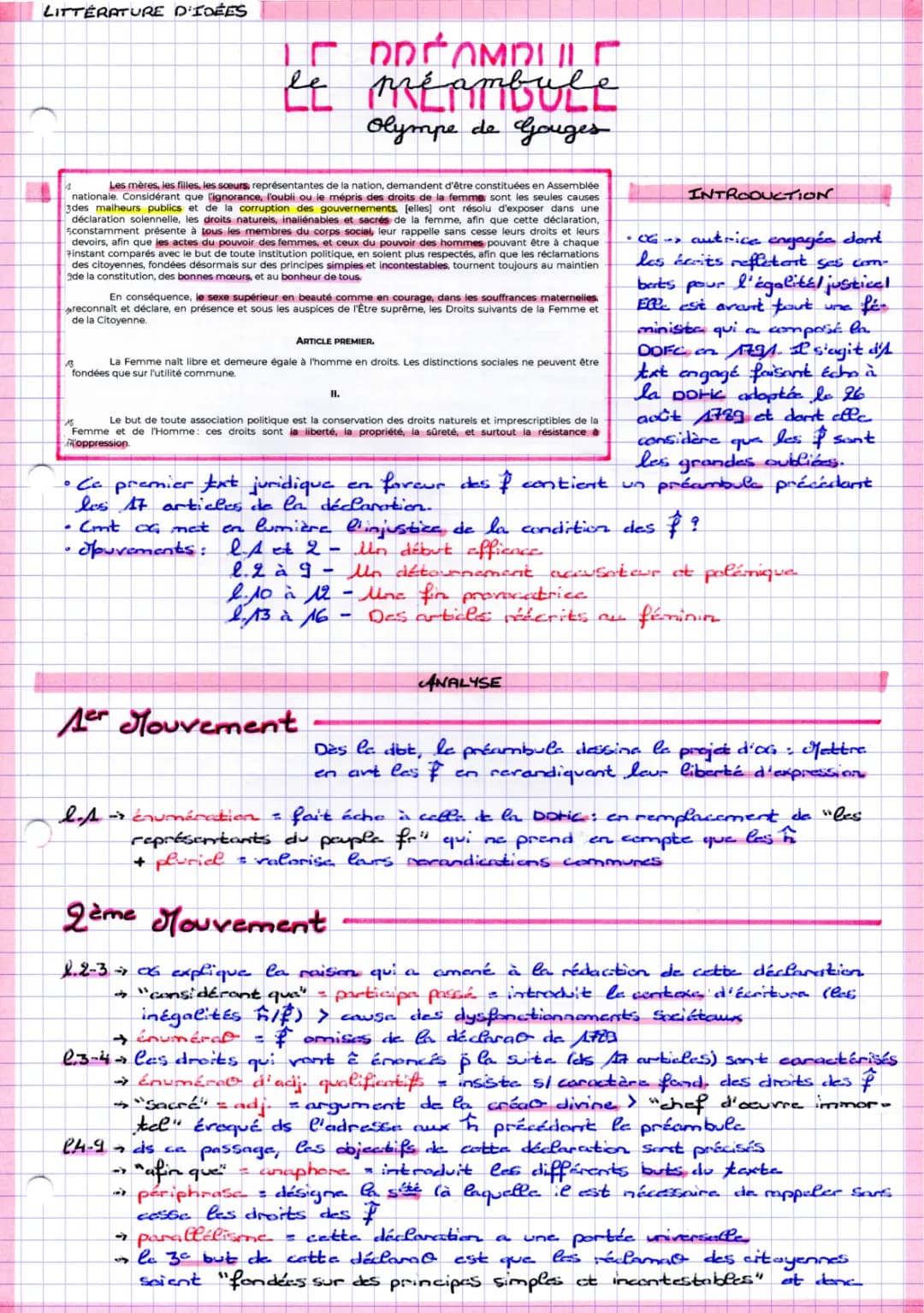 Préambule et Postambule Olympe de Gouges: Analyse Linéaire et Fiche de Lecture PDF