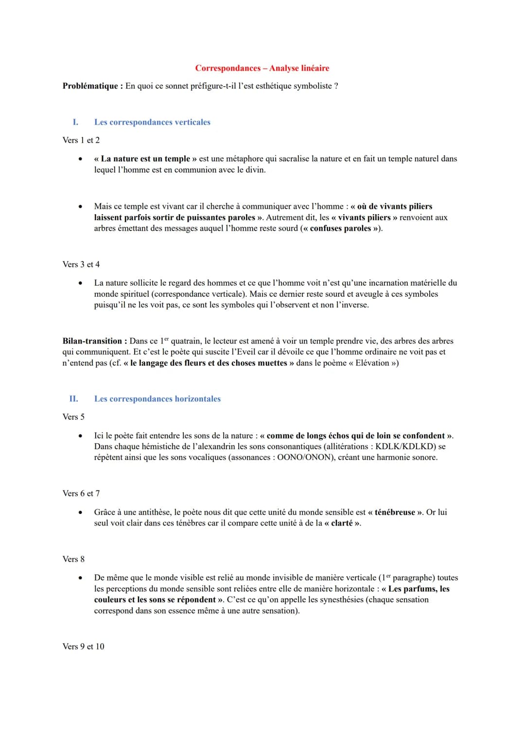 Correspondances - Analyse linéaire
Problématique : En quoi ce sonnet préfigure-t-il l'est esthétique symboliste ?
I.
Vers 1 et 2
Les corresp