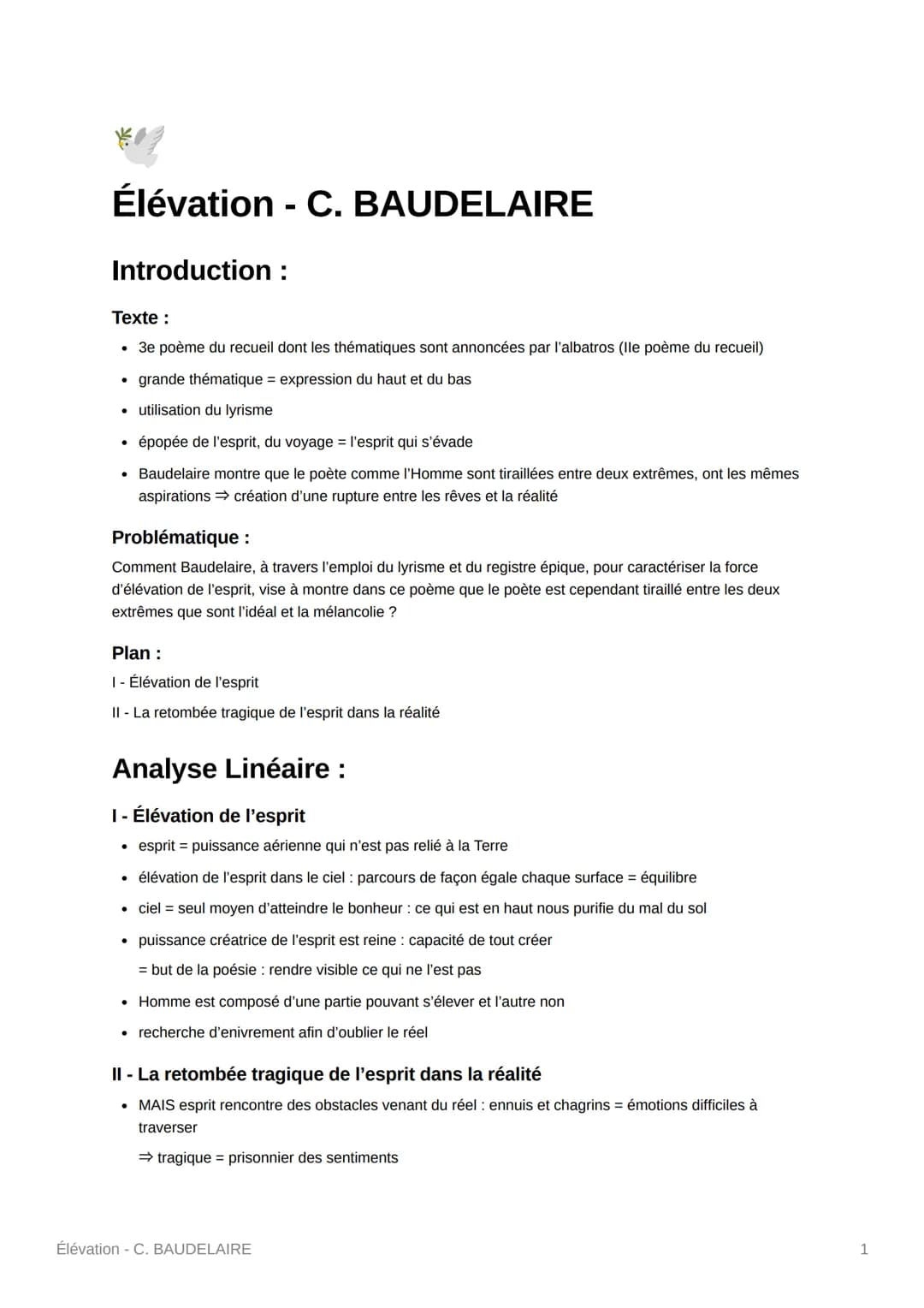Élévation - C. BAUDELAIRE
Introduction :
Texte :
• 3e poème du recueil dont les thématiques sont annoncées par l'albatros (lle poème du recu