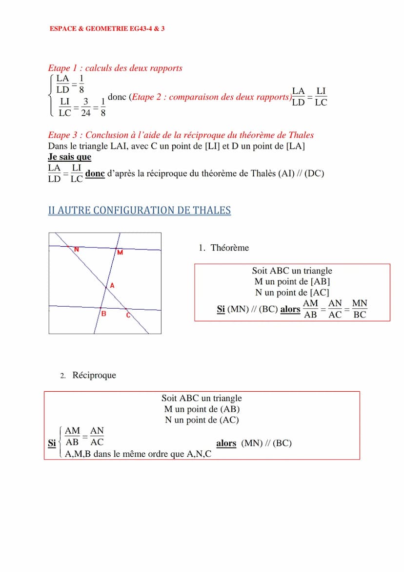 ESPACE & GEOMETRIE EG43-4 & 3
I THEOREME DE THALES
1. Enoncé de la propriété
/в
L
2. Application
Pb Calculer ET et CB sachant que :
EB= 6, E