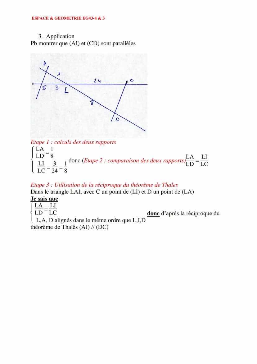 ESPACE & GEOMETRIE EG43-4 & 3
I THEOREME DE THALES
1. Enoncé de la propriété
/в
L
2. Application
Pb Calculer ET et CB sachant que :
EB= 6, E