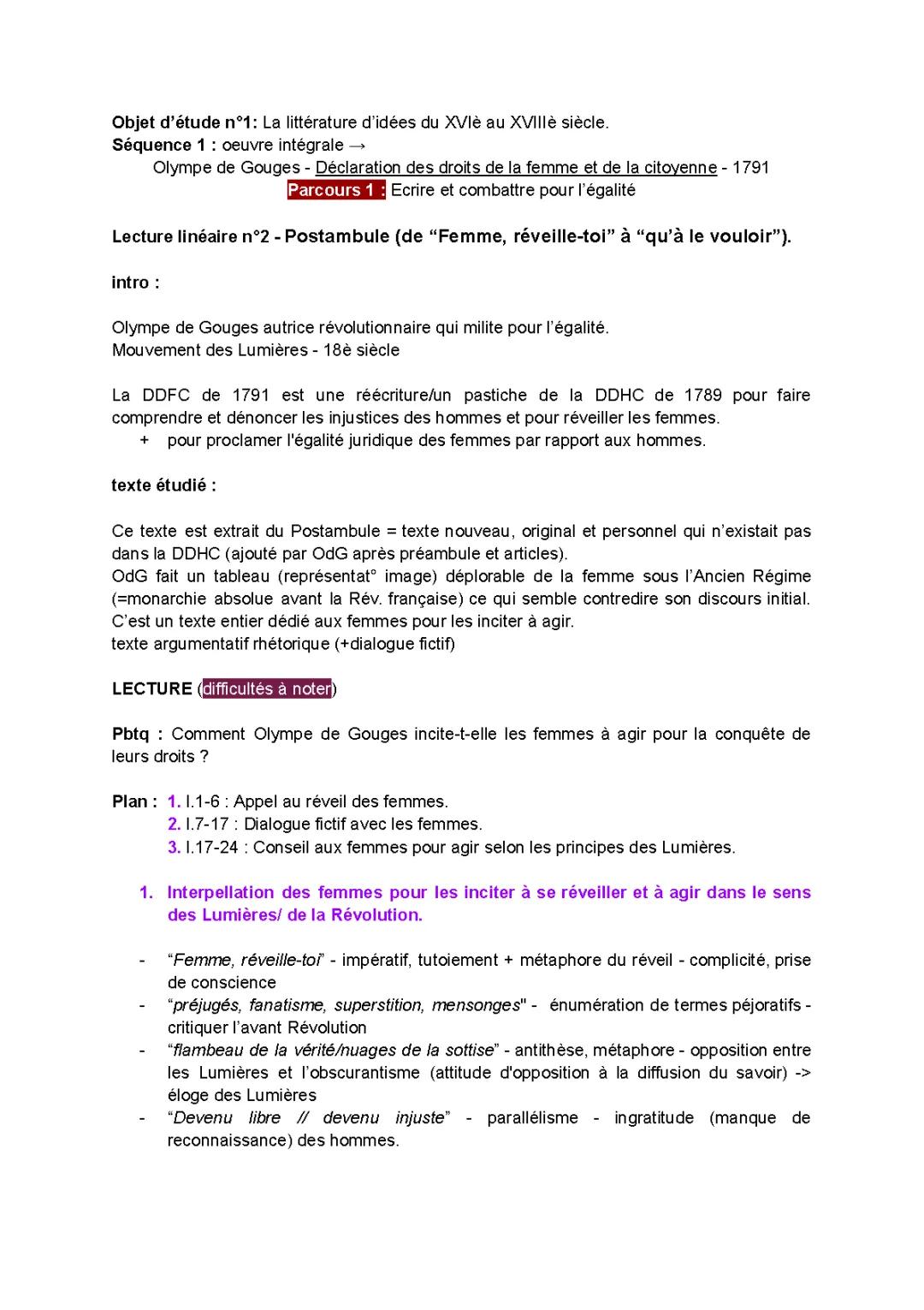 Postambule Olympe de Gouges Texte PDF - Explication et Analyse Linéaire