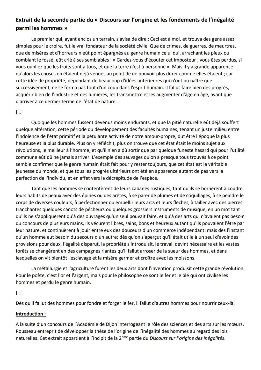 Extrait de la seconde partie du « Discours sur l'origine et les fondements de l'inégalité
parmi les hommes >>
Le premier qui, ayant enclos u