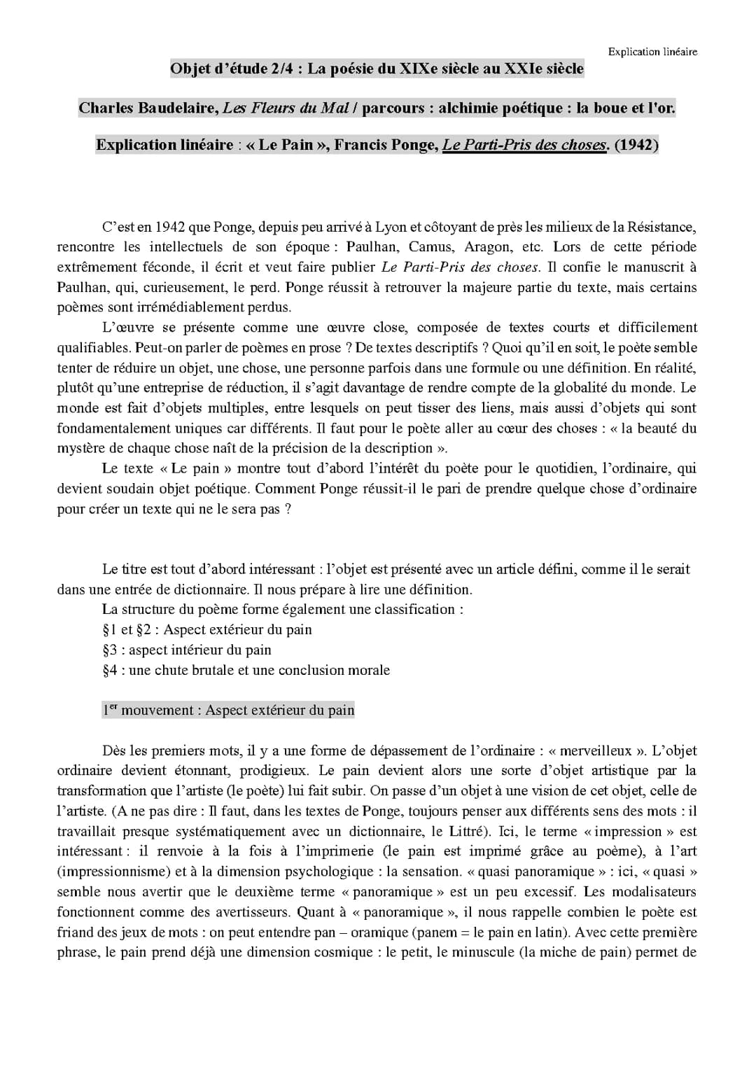 Explication linéaire : « Le Pain », Francis Ponge, Le Parti-Pris des choses. (1942)