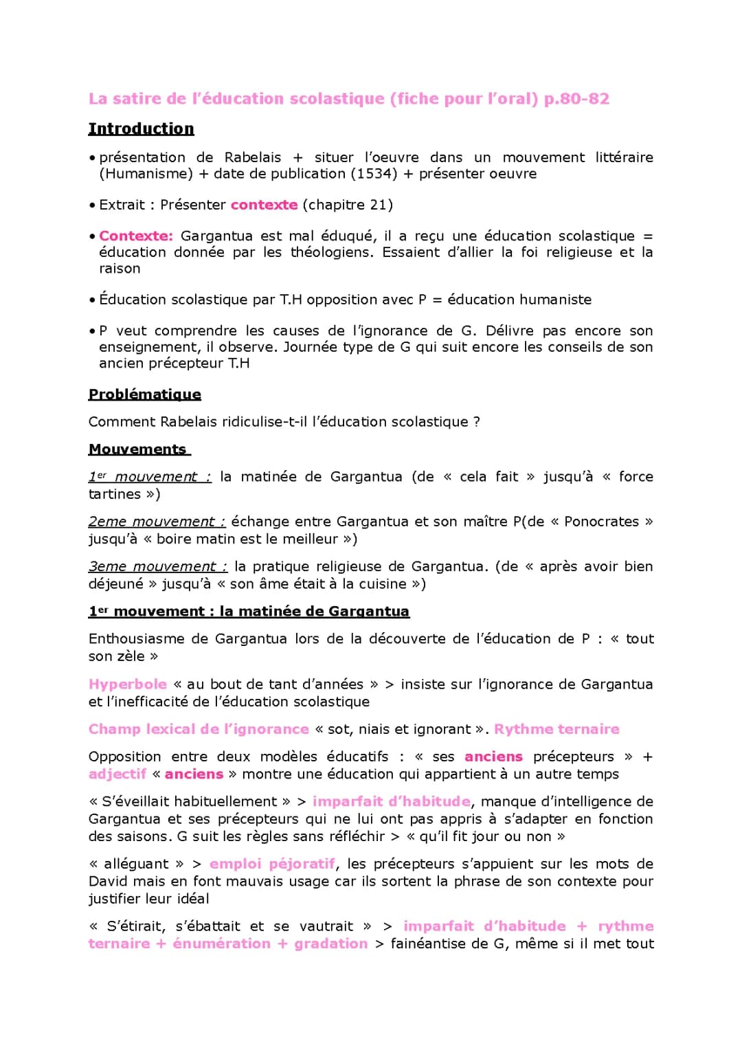 Analyse linéaire de l'éducation de Gargantua