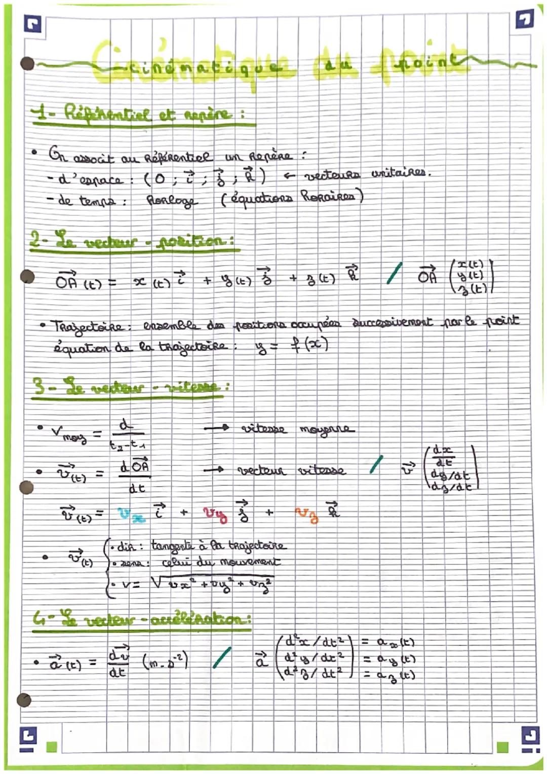 # cinématique

1- Référentiel et repère:

• On associt au Référentiel un repère :

-d'espace: (0;$\vec{i}$;$\vec{j}$;$\vec{k}$)←vecteurs uni