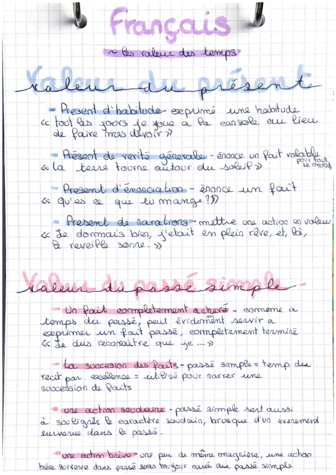 Français
~ les valeur des temps?
Kaleur du présent
- Present d'habitude- exprimé une habitude
cc tout les jours je your a la carsole ei lien