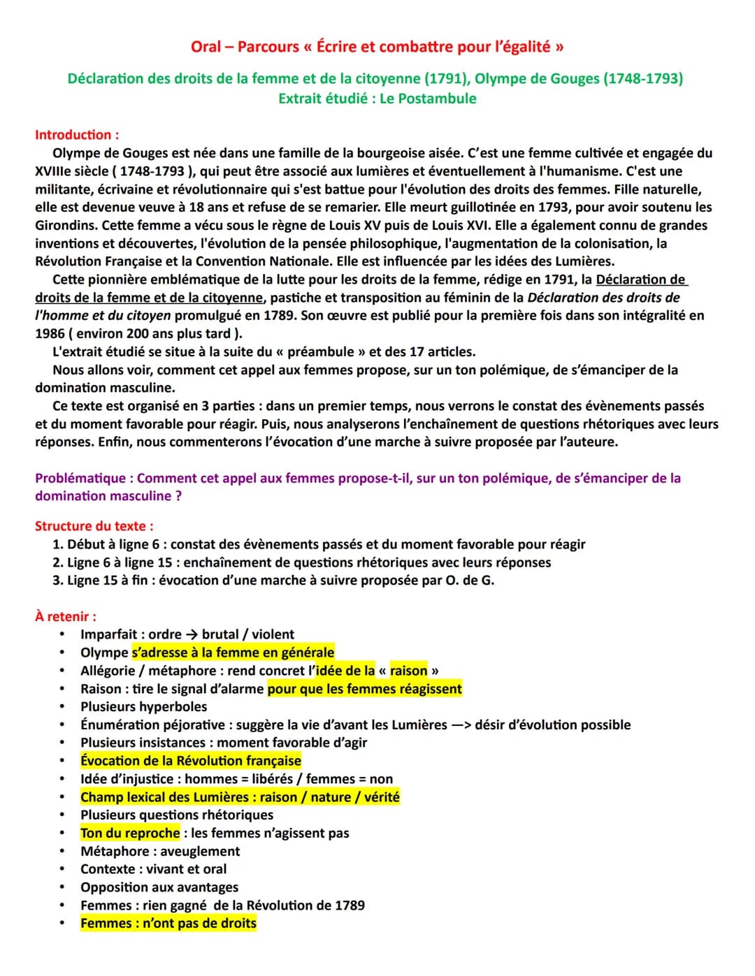 Oral - Parcours << Écrire et combattre pour l'égalité »
Déclaration des droits de la femme et de la citoyenne (1791), Olympe de Gouges (1748