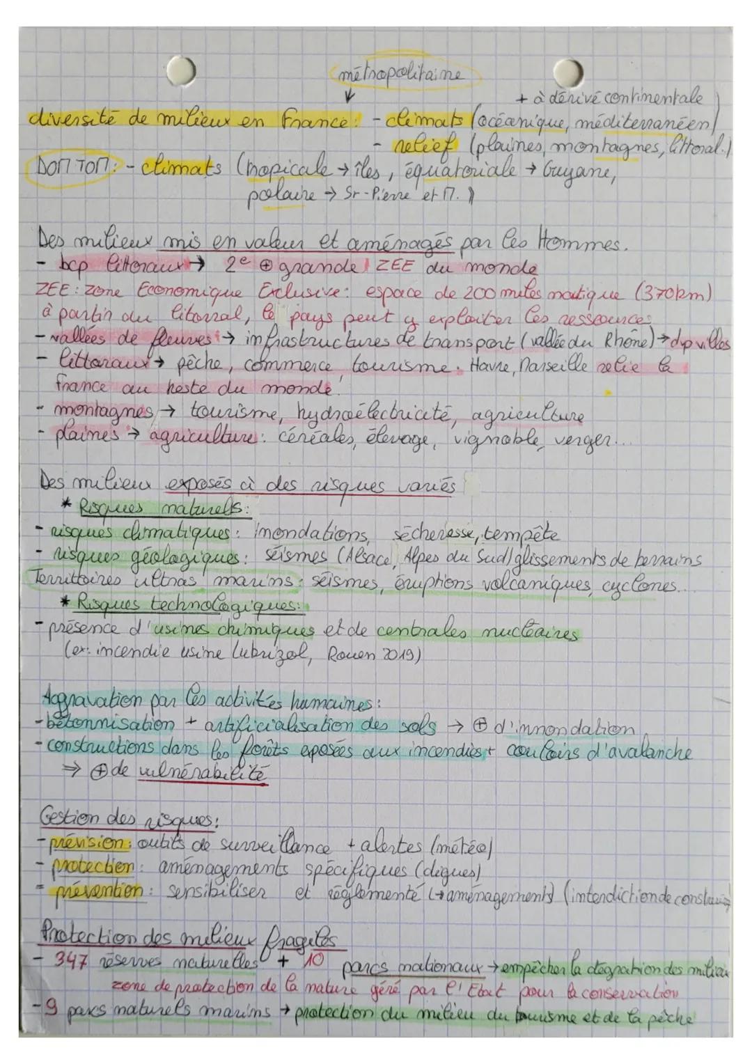 métropolitaine
+ à dérivé continentale
diversité de milieux en France: -climats (océanique, méditerranéen |
- relief (plaines, montagnes, At