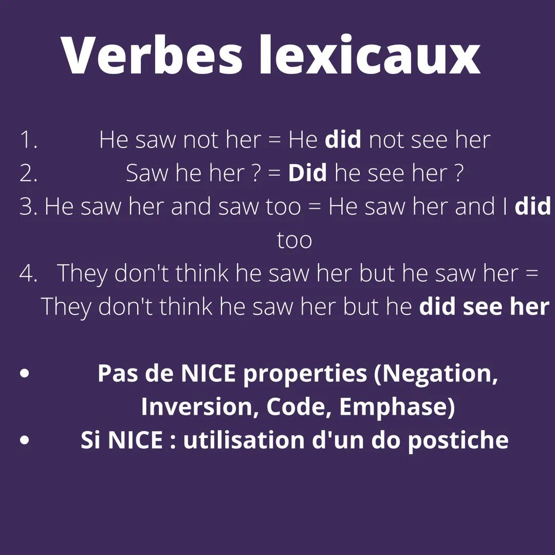 # Grammaire

Auxiliaire : be, have, ought, can, may, shall, could,
might, should, dare, must, will, do, need, would

Propriétés des auxiliai