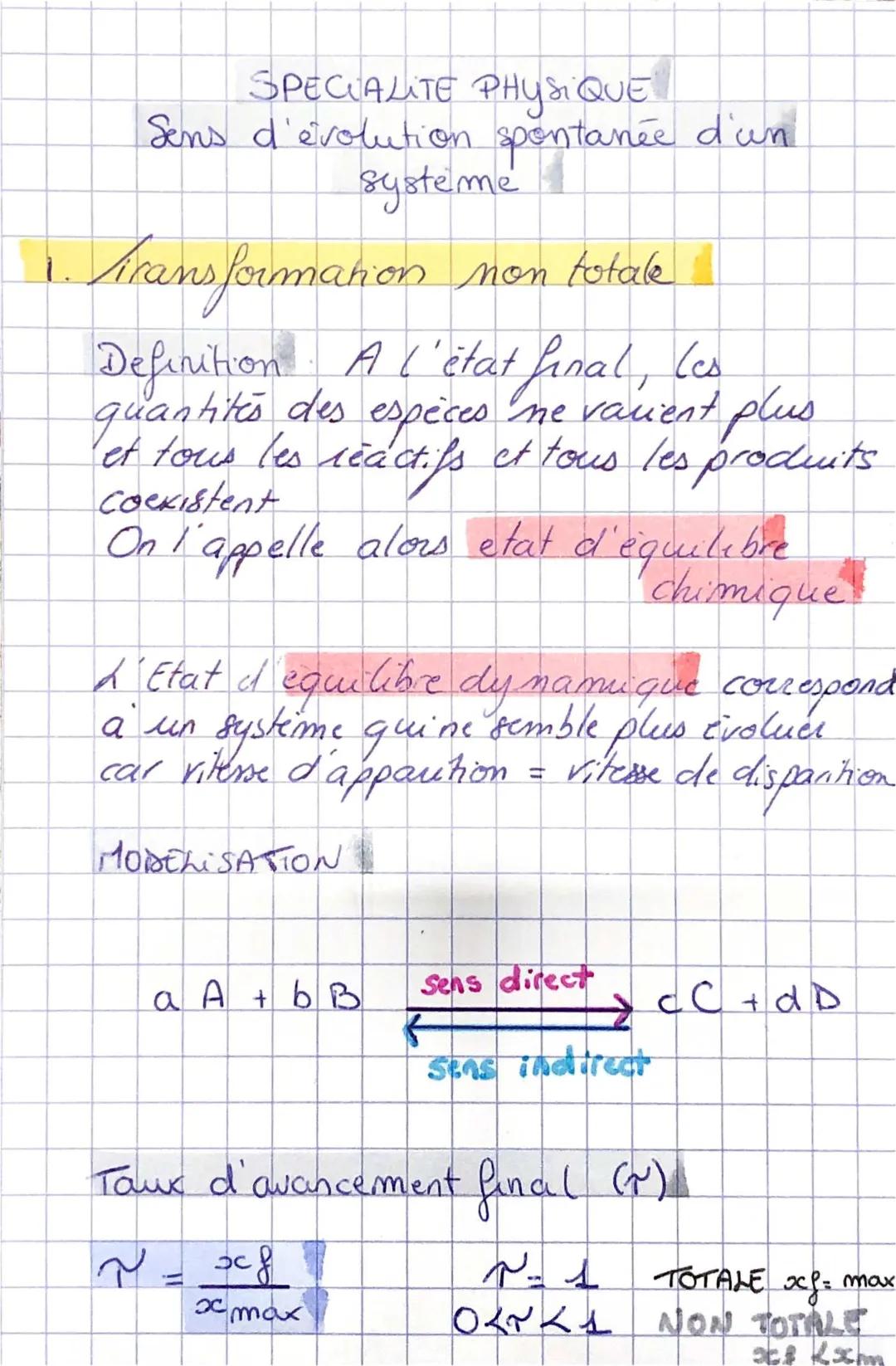 Découvre l'équilibre chimique et l'évolution spontanée des systèmes - Exercices et Schémas PDF