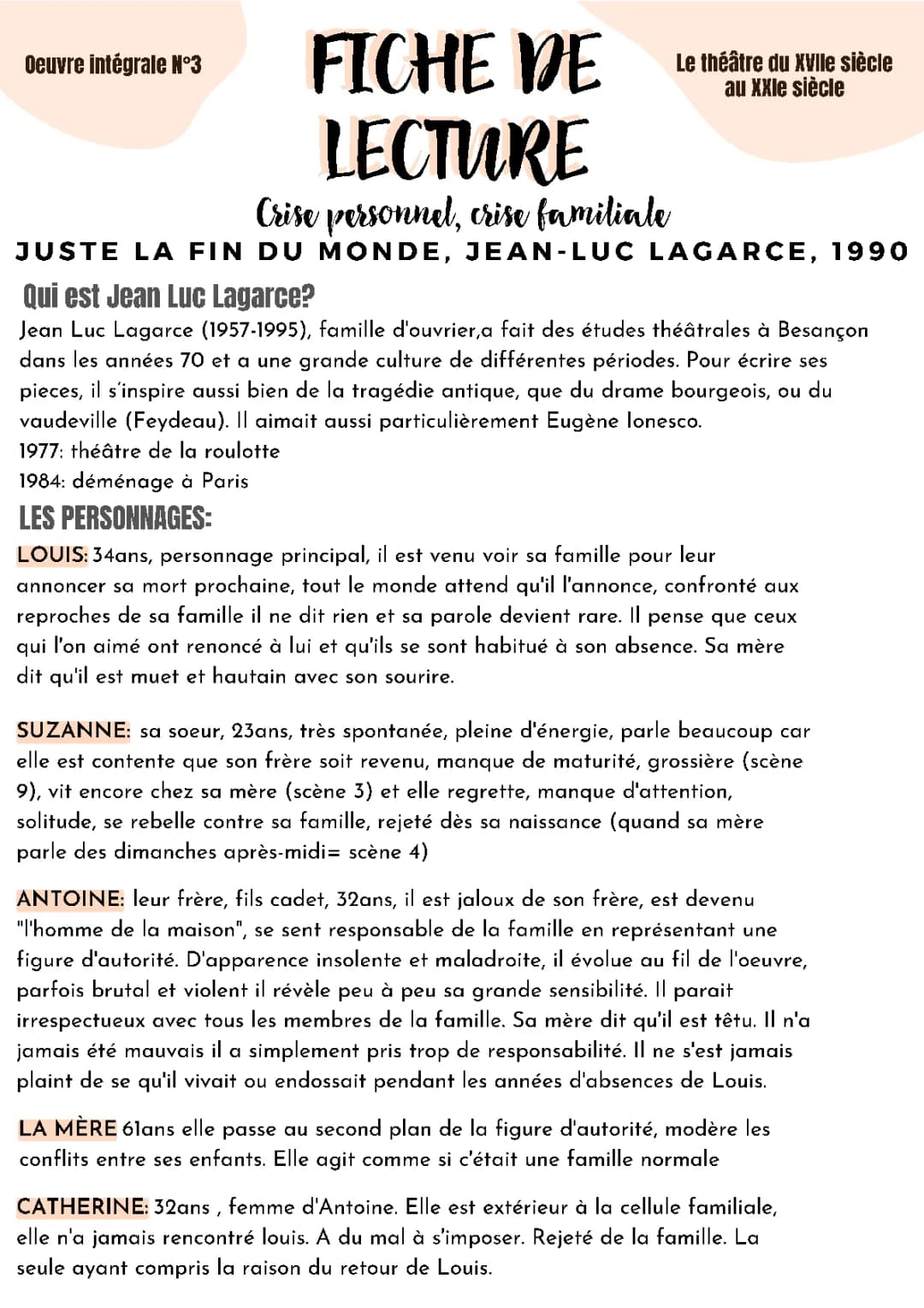 Fiche de lecture Juste la fin du monde PDF - Résumé scène par scène