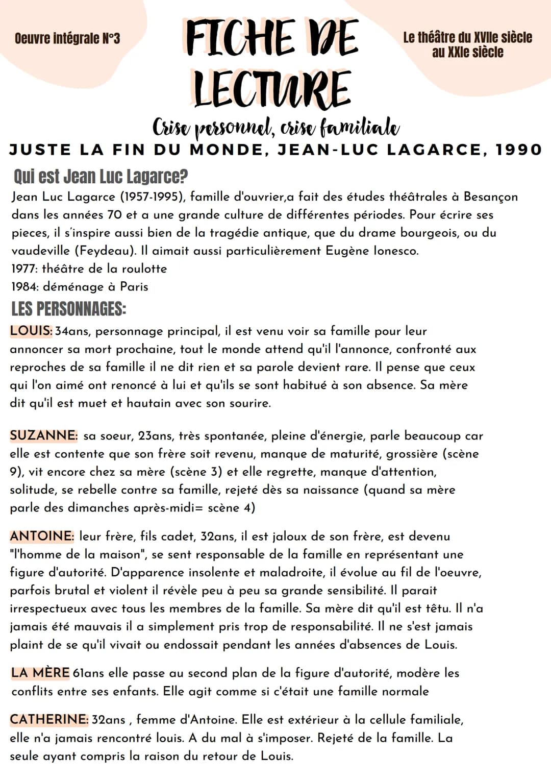 FICHE DE
LECTURE
Crise personnel, crise familiale
JUSTE LA FIN DU MONDE, JEAN-LUC LAGARCE, 1990
Oeuvre intégrale N°3
Le théâtre du XVIIe siè