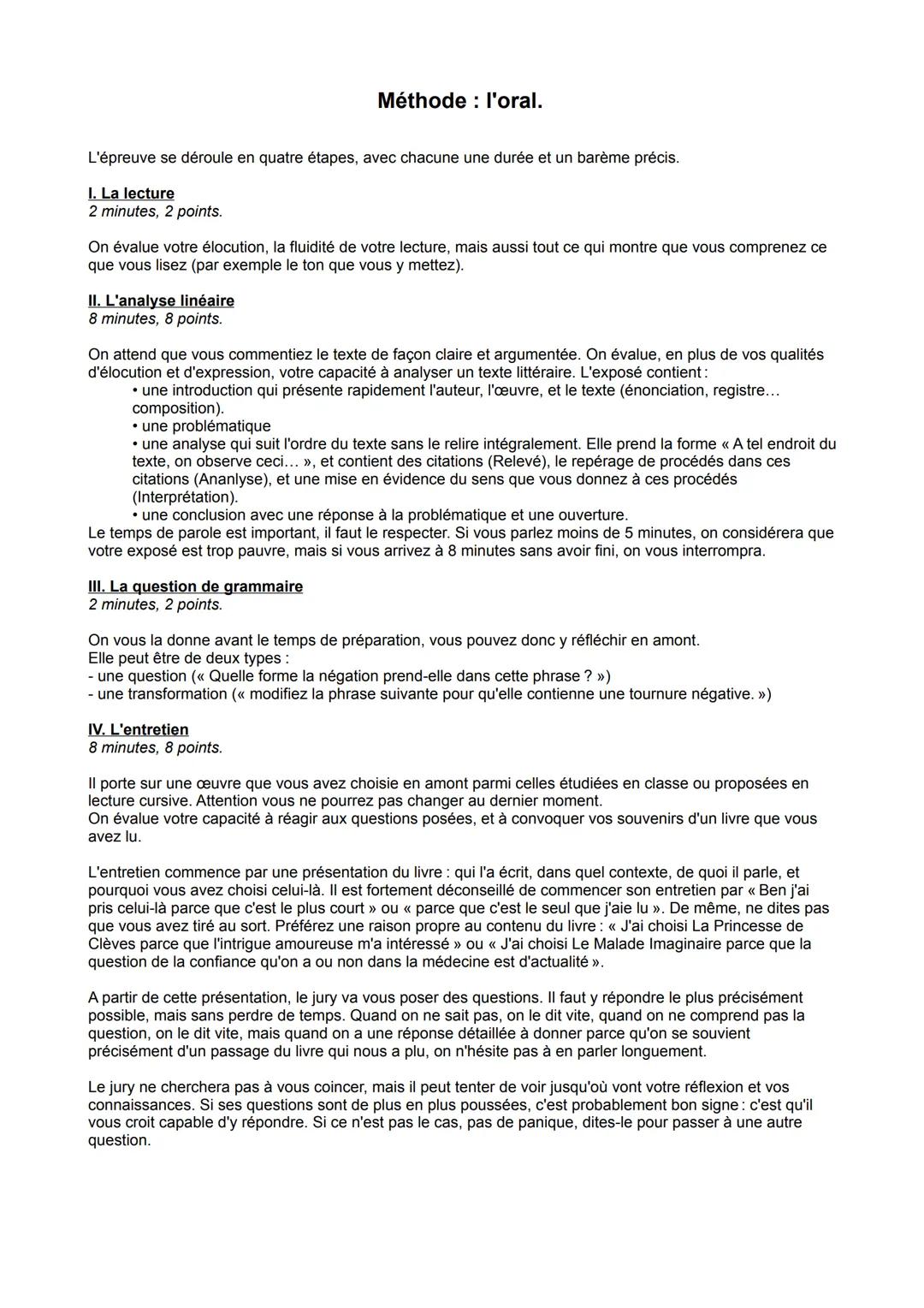 # Méthode : l'oral.

L'épreuve se déroule en quatre étapes, avec chacune une durée et un barème précis.

I. La lecture
2 minutes, 2 points.
