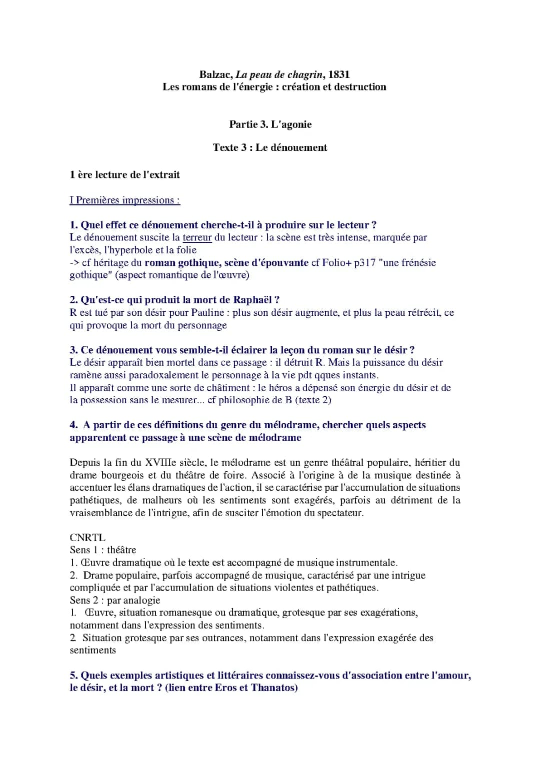 Analyse linéaire de La Peau de chagrin : L'agonie, Résumés et Parties