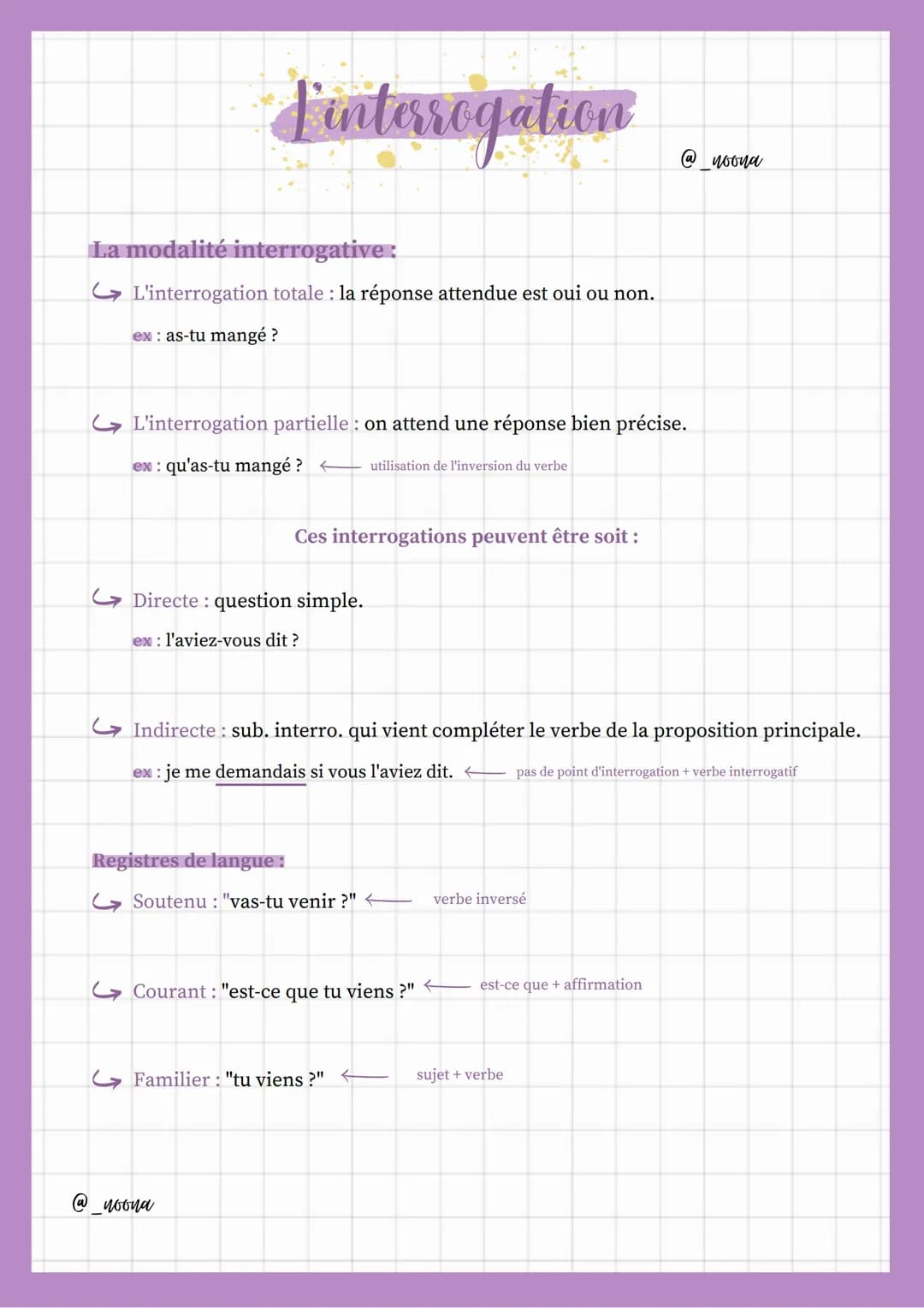 L'interrogation
La modalité interrogative:
L'interrogation totale: la réponse attendue est oui ou non.
ex: as-tu mangé ?
L'interrogation par