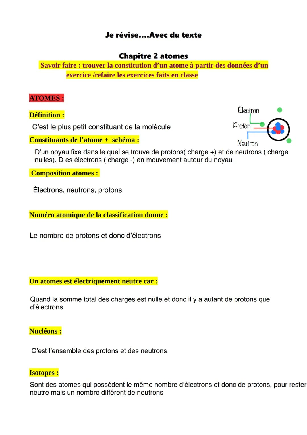 Chapitre 2 atomes
Savoir faire : trouver la constitution d'un atome à partir des données d'un
exercice /refaire les exercices faits en class