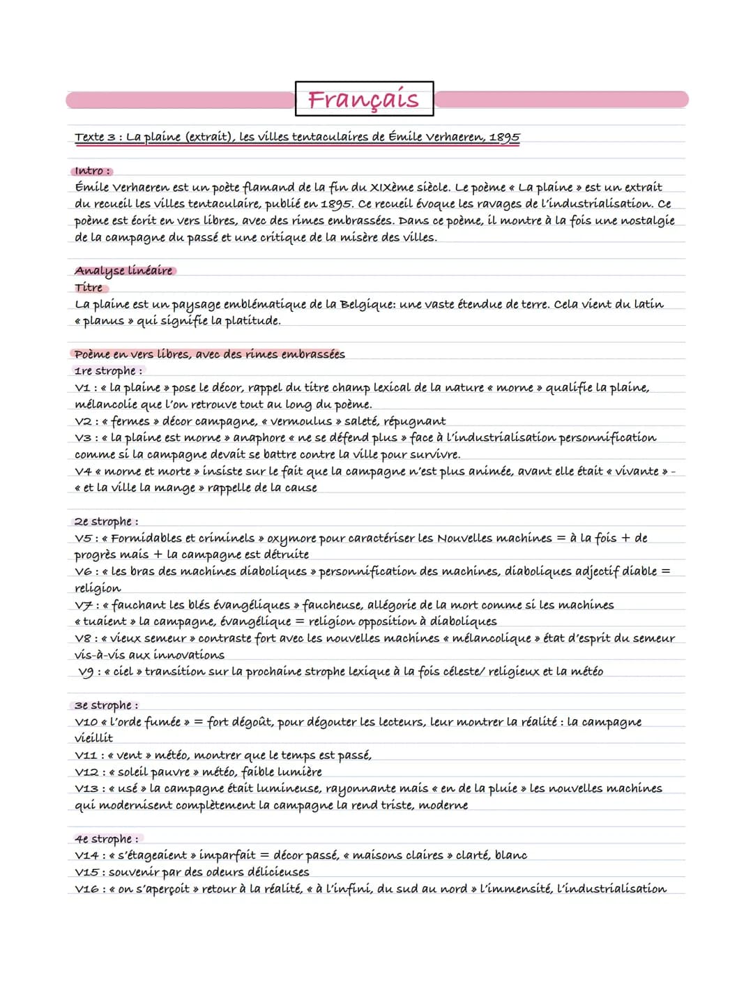 Français
Texte 3: La plaine (extrait), les villes tentaculaires de Émile Verhaeren, 1895
Intro:
Émile Verhaeren est un poète flamand de la f