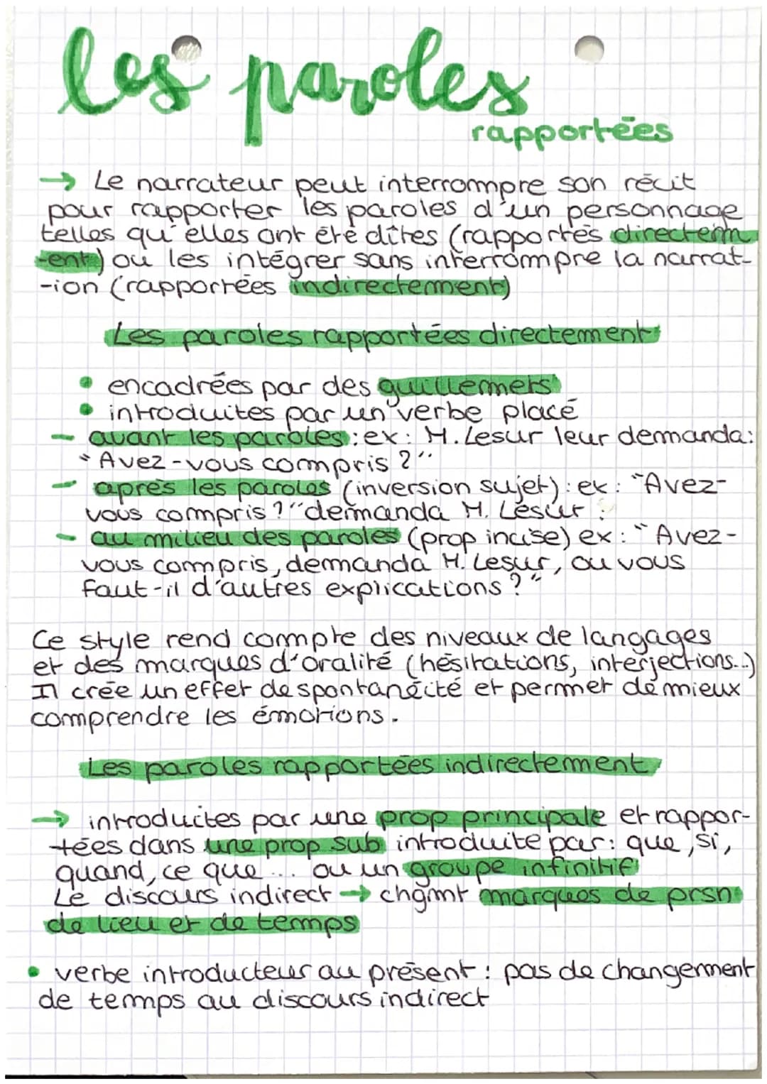les paroles
rapportees
→ Le narrateur peut interrompre son récit
pour rapporter les paroles d'un personnage
telles qu'elles ont été dites (r