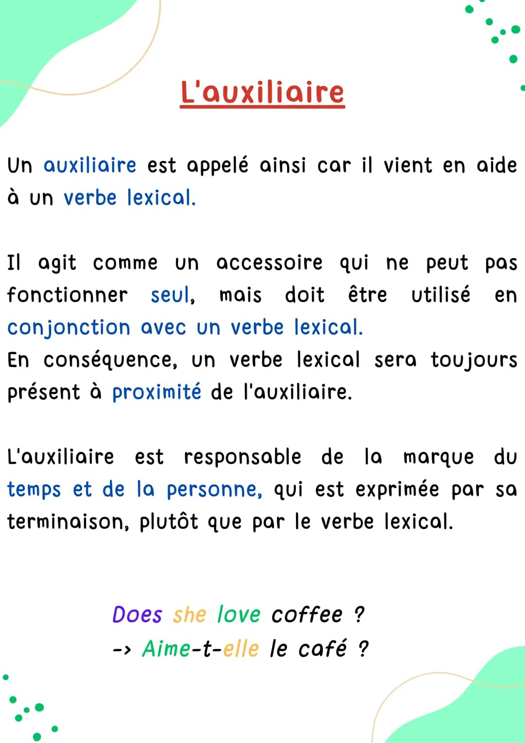 'no'
INTERROGATIVE
Anglais
ah L'auxiliaire
Un auxiliaire est appelé ainsi car il vient en aide
à un verbe lexical.
Il agit comme un accessoi