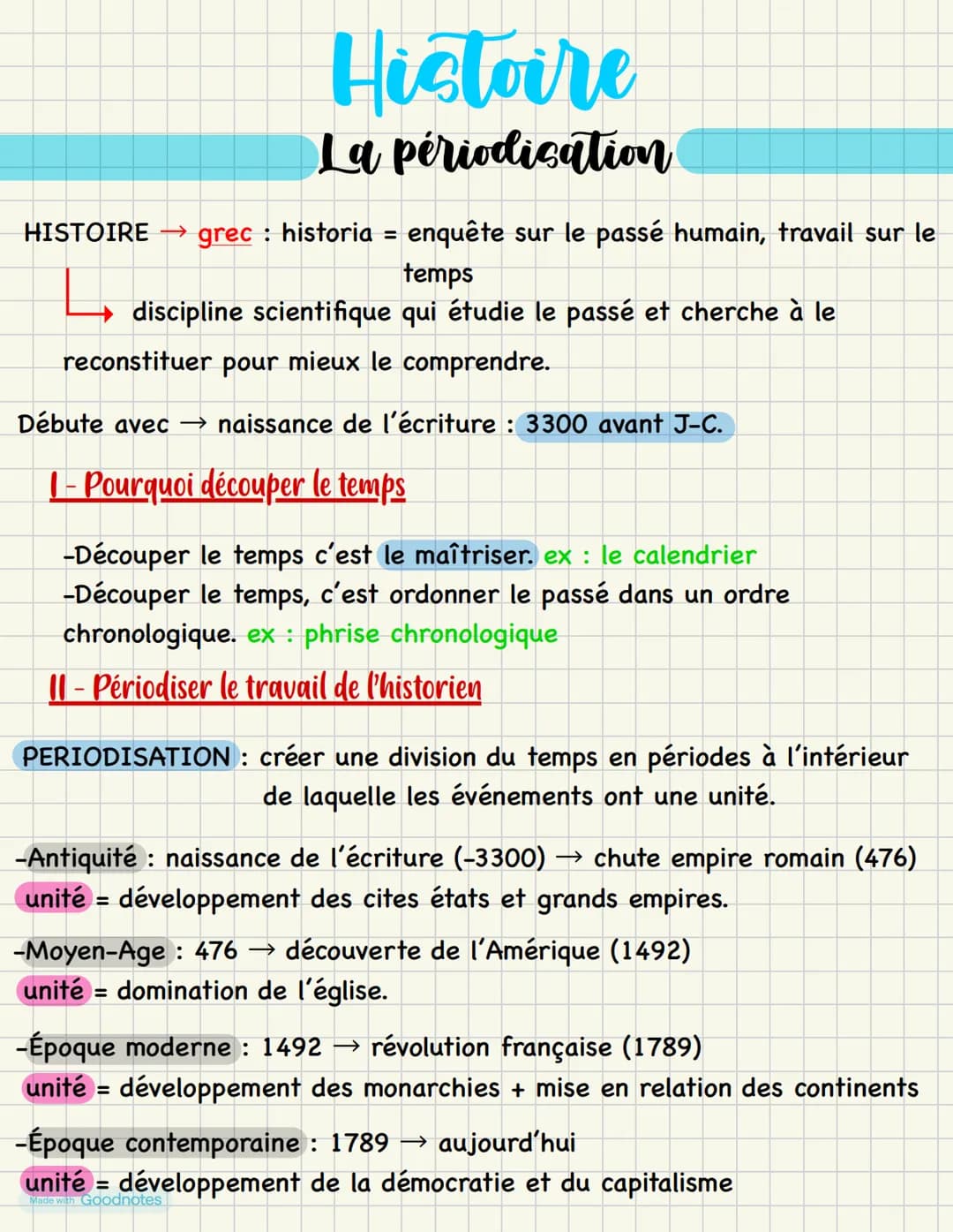 Histoire
La périodication
HISTOIRE →→ grec : historia = enquête sur le passé humain, travail sur le
temps
discipline scientifique qui étudie