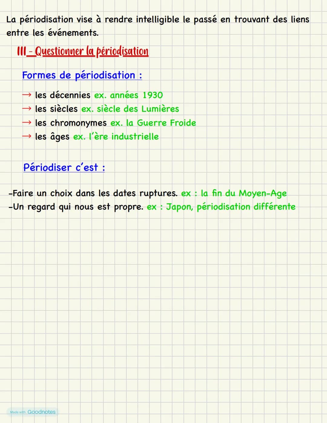 Histoire
La périodication
HISTOIRE →→ grec : historia = enquête sur le passé humain, travail sur le
temps
discipline scientifique qui étudie