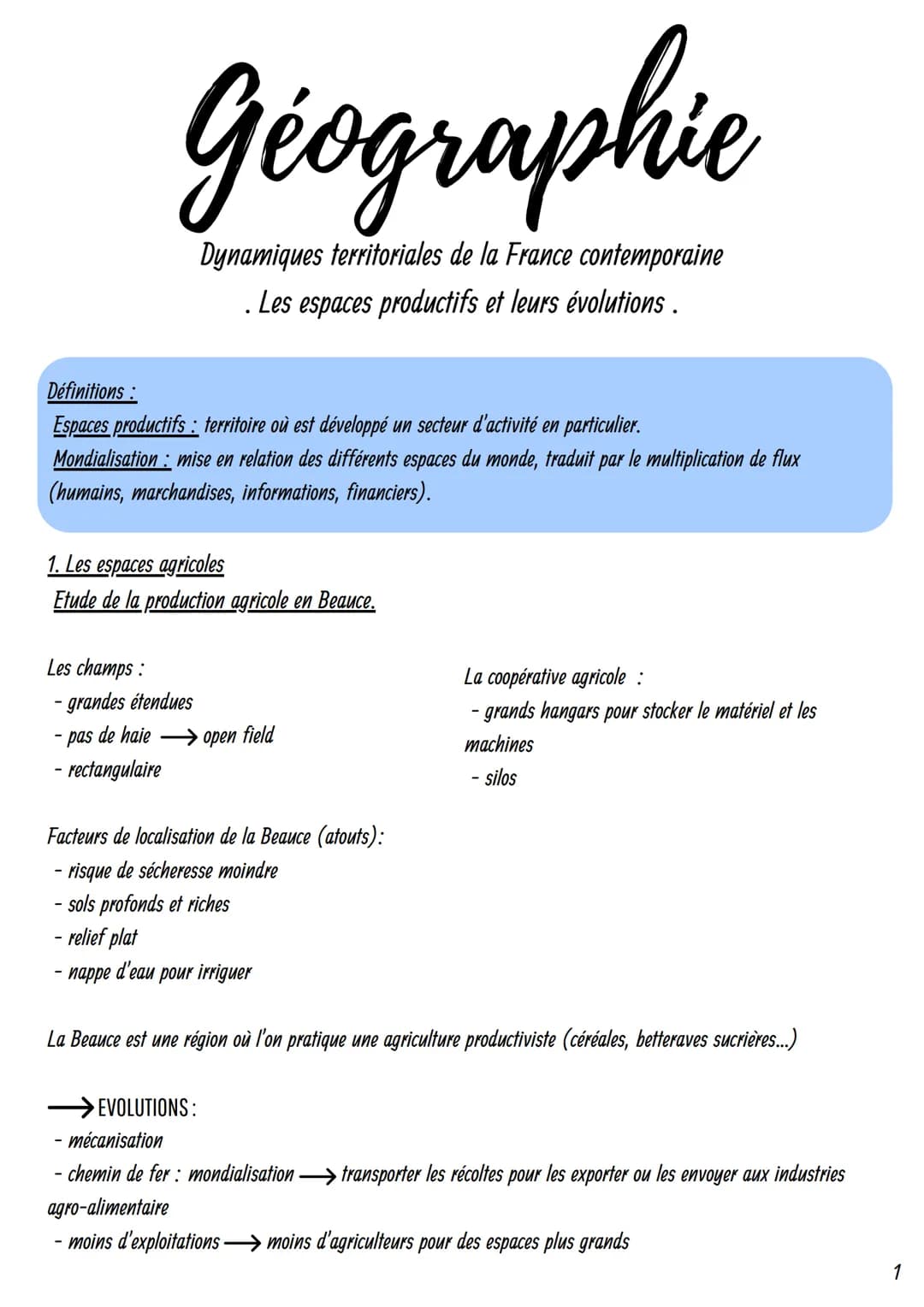 Géographie
Dynamiques territoriales de la France contemporaine
. Les espaces productifs et leurs évolutions.
Définitions :
Espaces productif